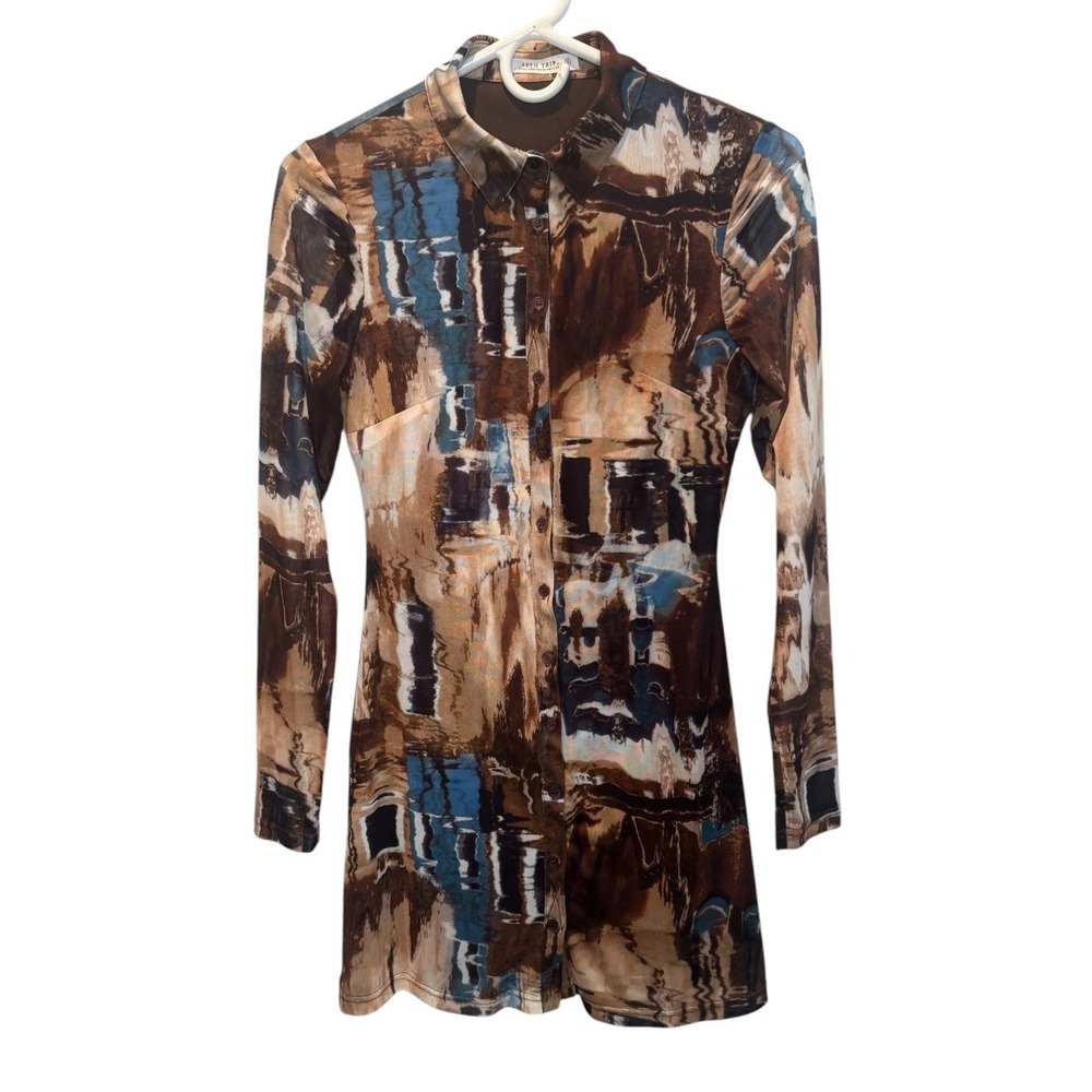 12th Tribe Womens Brown Soho Pollock Button Up Mesh Mini Dress Small NEW